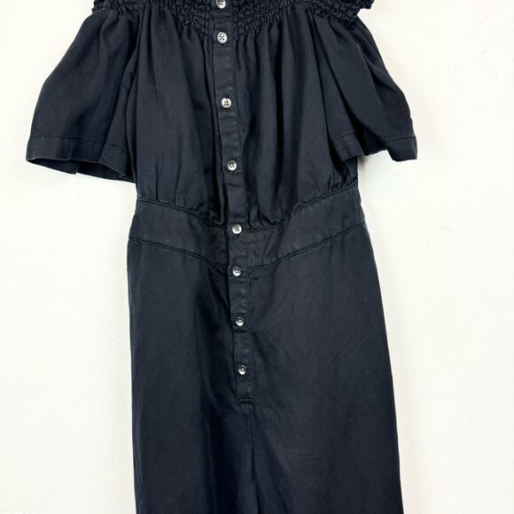 7 For All Mankind Black Off the Shoulder Cropped Leg Tencel Linen Jumpsuit Sz S - Picture 4 of 12